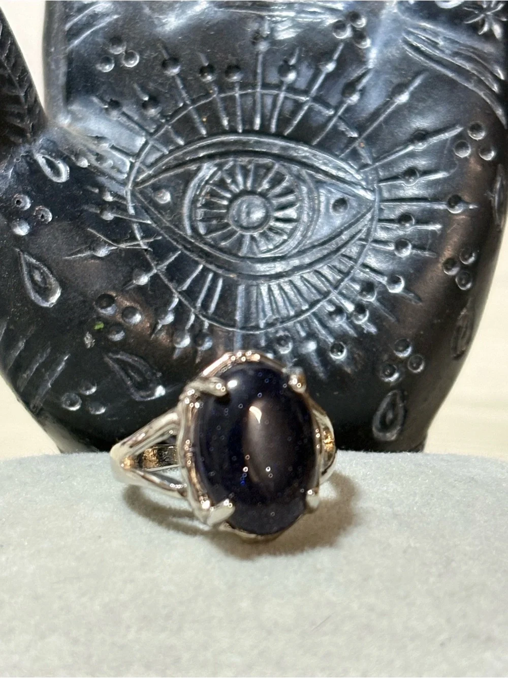 Silver Ring with Dark Blue Goldstone Oval Cabochon - Women's Fashion Ring